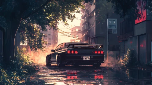 Black sports car idles in wet urban alley at sunset