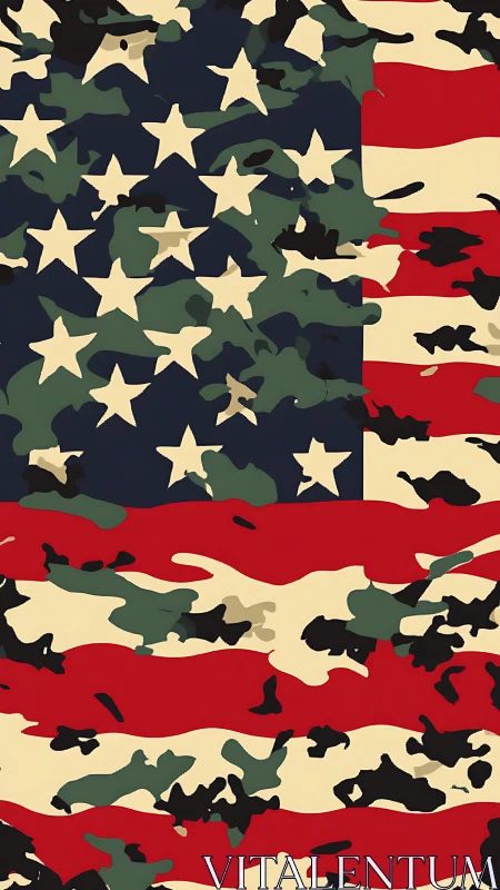Camouflage layered over stylized American flag motif.
