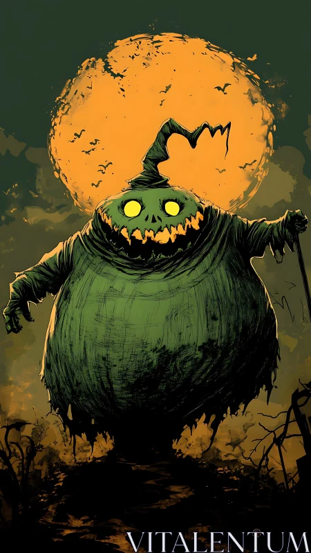 Grotesque pumpkin specter advances under oversized harvest moon