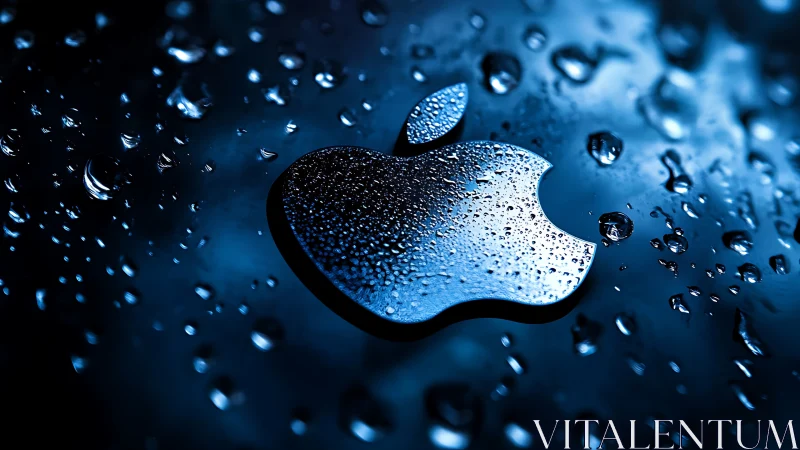 Metallic logo surface is covered with condensed water droplets