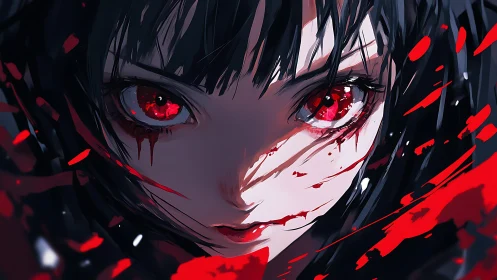 Crimson-eyed resolve cuts through shadows and painted chaos