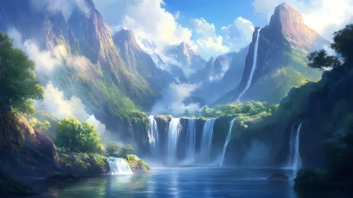 Sunlit mountain waterfalls in a dreamy hidden valley.