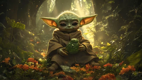 Small green alien child holding cup in glowing forest clearing.