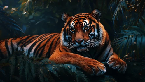 Digital tiger portrait resting in dense nocturnal jungle.
