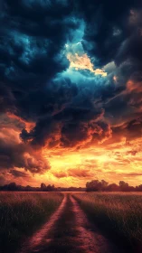 Turbulent cumulonimbus over rural path in high contrast sky.
