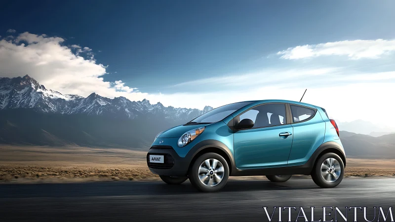 Compact blue hatchback rendered on open highway before alpine range