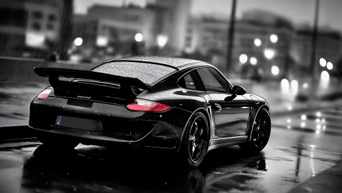 Rain-drenched black sports coupe idles like a midnight storm