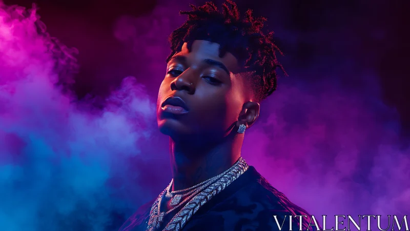 Neon-lit studio portrait uses colored haze and high-contrast rim lighting