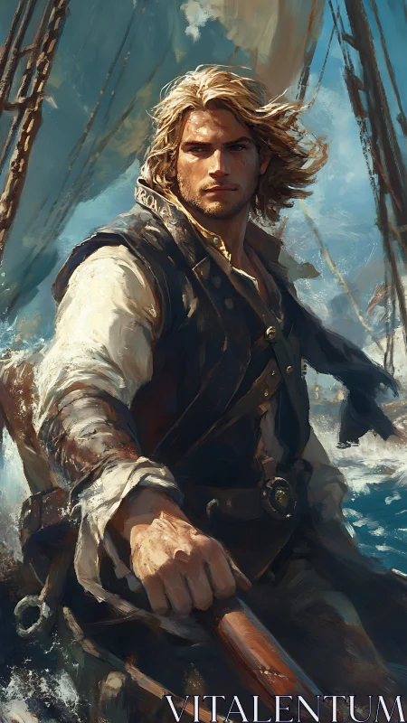 Blond sailor steering ship in dynamic seascape scene.
