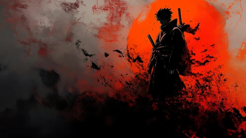 Lone shadowed ronin eclipsed by a bleeding crimson sun.