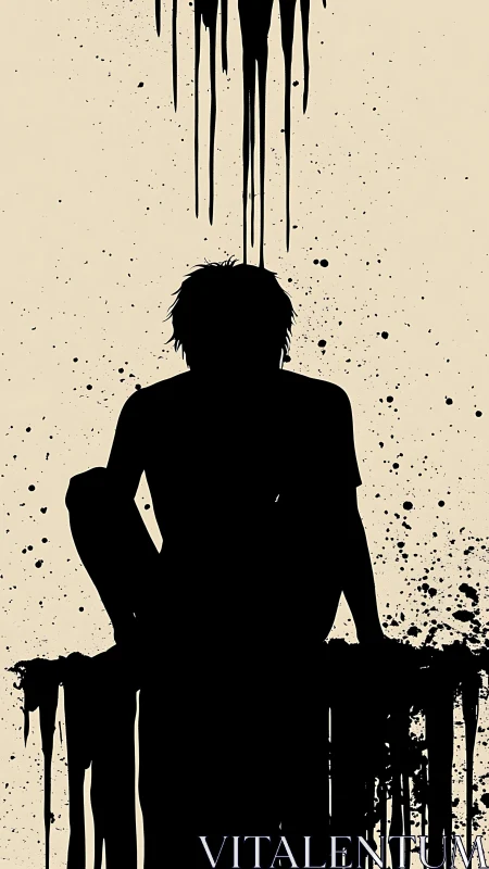 Ink-drowned silhouette waits beneath a storm of dripping thoughts