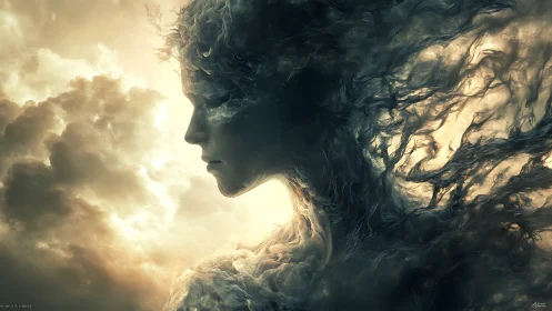 Ethereal cloud deity profile in turbulent luminous nebula