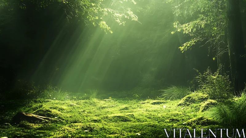 Serene Sunlit Forest Clearing with Lush Greenery and Soft Light.