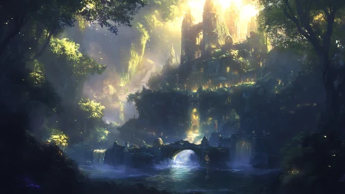 Sunlit elven citadel rises above misty enchanted waterfalls