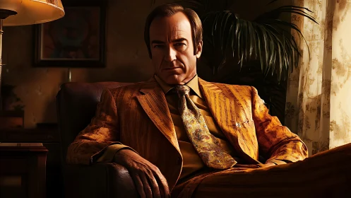 Golden-suited schemer lounges beneath honeyed office light