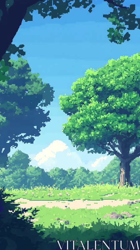 Pixel art landscape: Layered forest canopy with solitary tree framing pastoral meadow scene