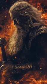 Elder warrior with staff surrounded by swirling fiery embers.