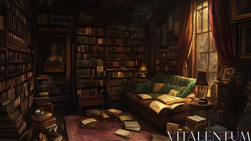 Digital painting of antique reading room with stacked tomes.