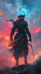 Lone warrior calmly greets a blazing sky beneath blue moon