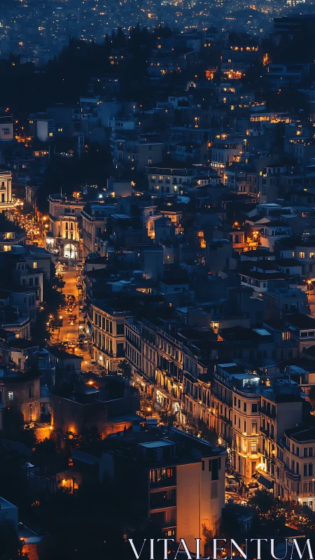 Amber-lit hillside city unfurls like a glowing urban river.