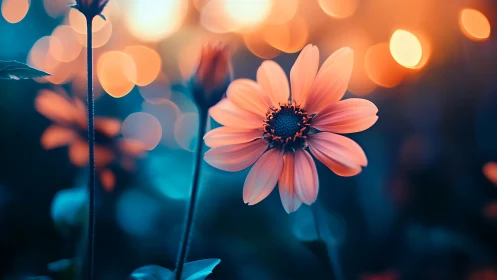 Pink Daisy with Bokeh Lights at Dusk.