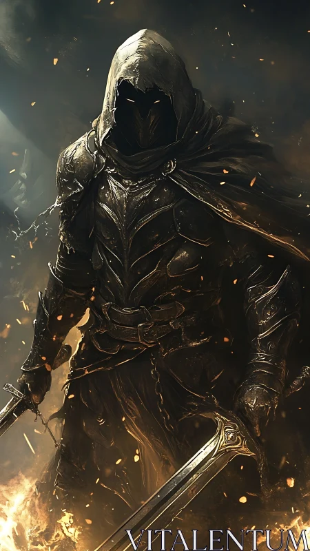Hooded dark knight in scorched plate armor with twin swords