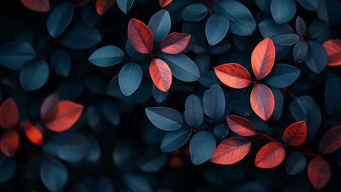 Crimson leaves glow softly against deep teal foliage at dusk