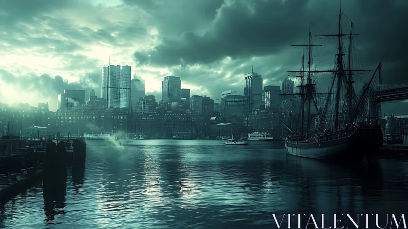 Twilight harbor skyline with moored tall ship in teal haze.