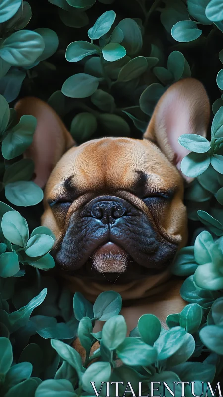 Gentle puppy naps in lush green leaves with peaceful charm
