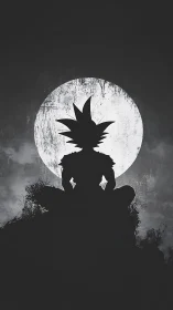 Silhouetted warrior meditating before full moon backdrop.