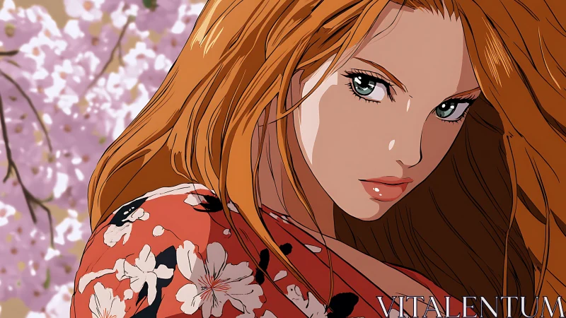 Sakura storm gaze of a fiery kimono heroine in bloom.