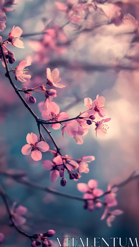 Pink Blossoms Dance Through Dreamy Blue Haze.