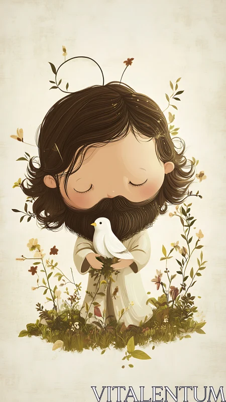 Digital painting of serene child figure embracing white dove.