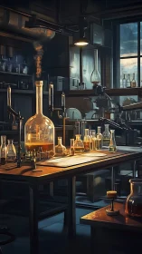 Vintage chemistry lab interior with warm glassware glow.