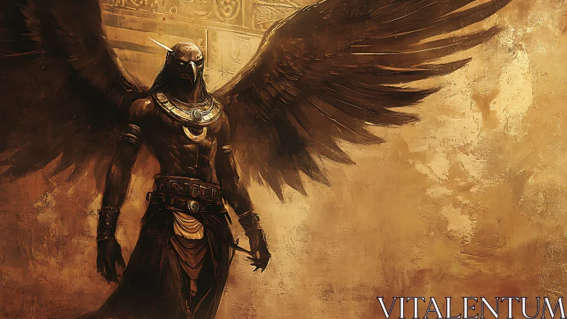 Winged falcon-headed guardian rises from golden desert light