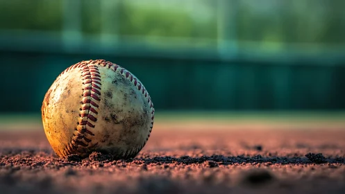 Sunset grit clings to a battle-scarred baseball on infield dirt.