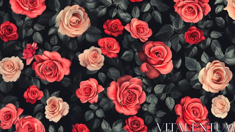 Red and Blush Roses on Dark Botanical Background with Foliage.