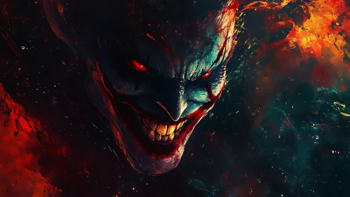 Digital painting of infernal grinning visage in chaotic flames.