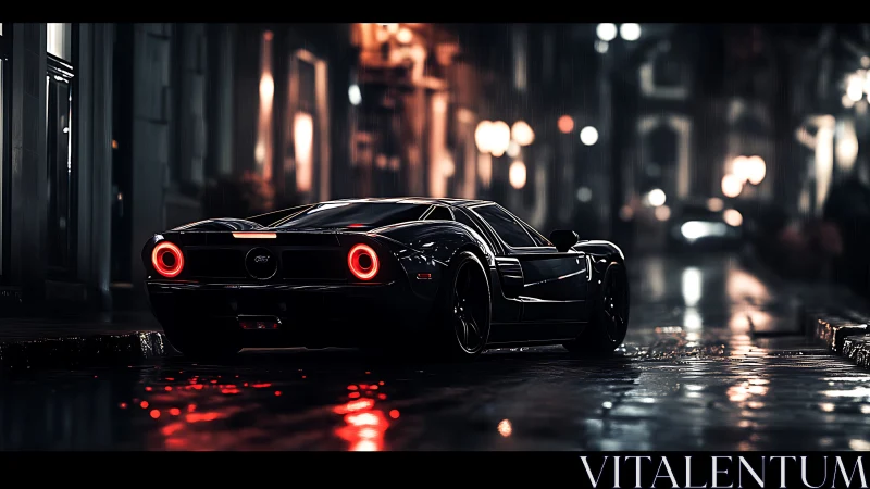 Cinematic supercar nightscape in rain-soaked urban street scene.