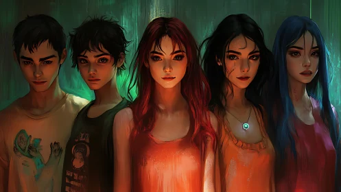 Five spectral rebels glow in neon dusk and quiet defiance