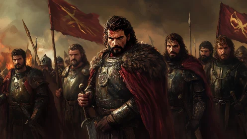 Armored medieval commander stands before ranked soldiers