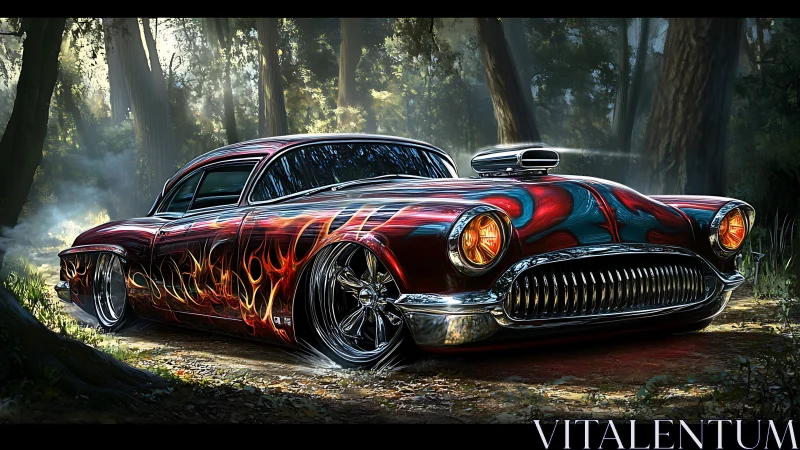 Lowrider hot rod with flame paintwork parked in forest