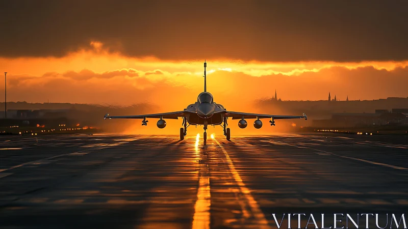 Fighter jet readies for takeoff against blazing runway sunset.