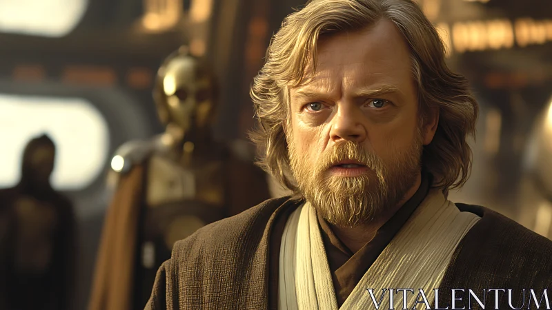 Photorealistic sci-fi monk with droids in soft interior light.