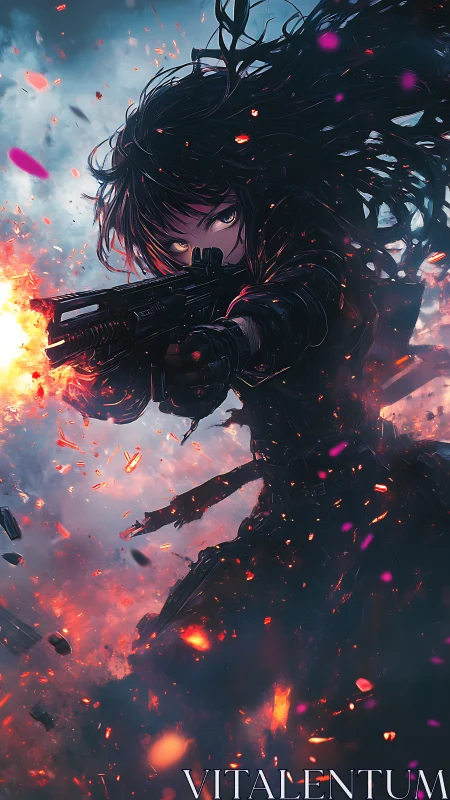 Stormlit warrior girl framed in fire, sparks, and resolve.