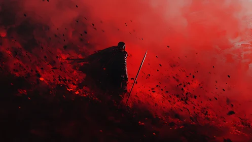 Lone armored warrior in red storm of ash and debris.