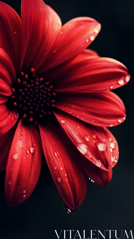 Vivid Red Gerbera Daisy with Water Droplets Against Black.