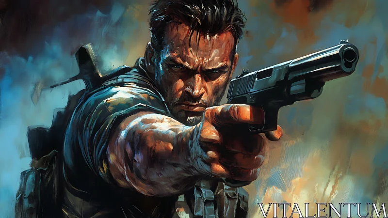 Hero on the edge, painted in firelit grit and resolve.