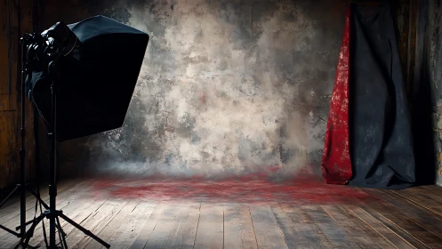 Studio backdrop with light setup and draped red-black fabric.