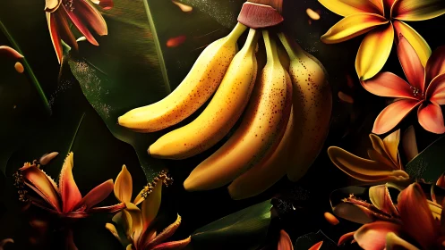 Digital still life of bananas with tropical floral composition.